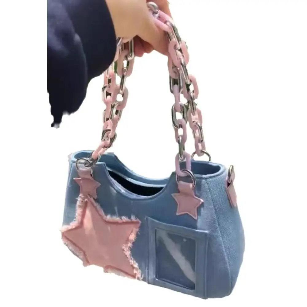 Y2K Vintage Korean Fashion Shoulder Underarm Harajuku Star Tote Denim Bag Chain Ladies Bags Zip Purses Handbags Women