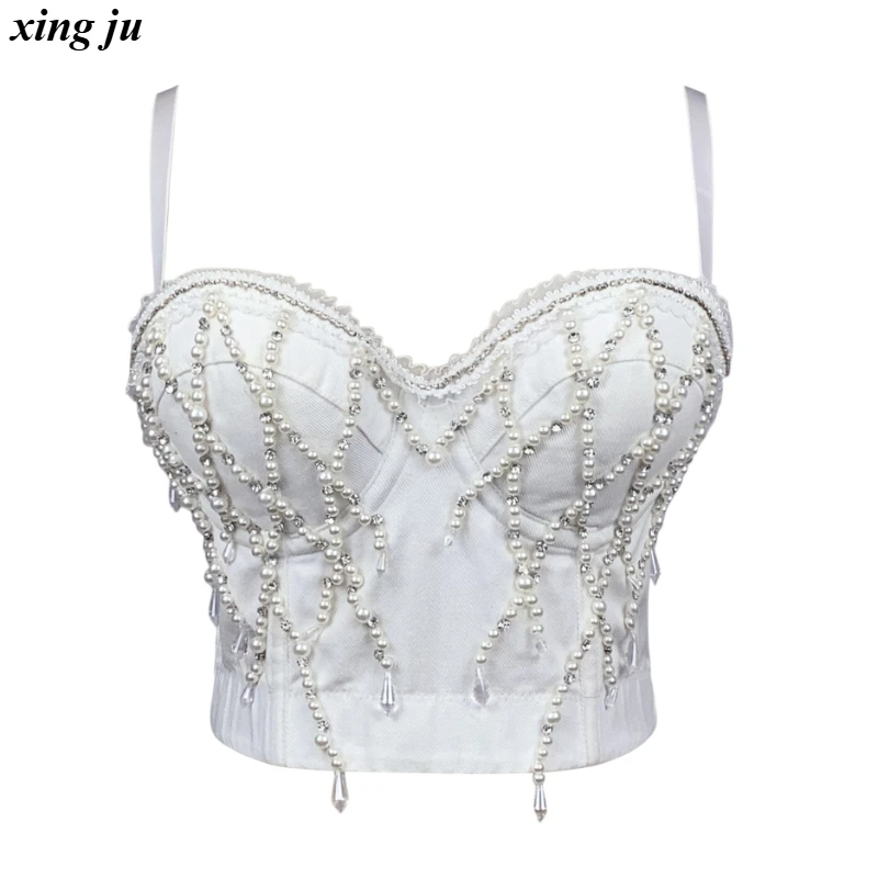 싱주 파티 핫걸 블루 데님 백리스 크롭탑 여성 재즈 댄스 의상 나이트클럽 DJ 섹시 레이스 비즈 체인 베스트 무대 의상