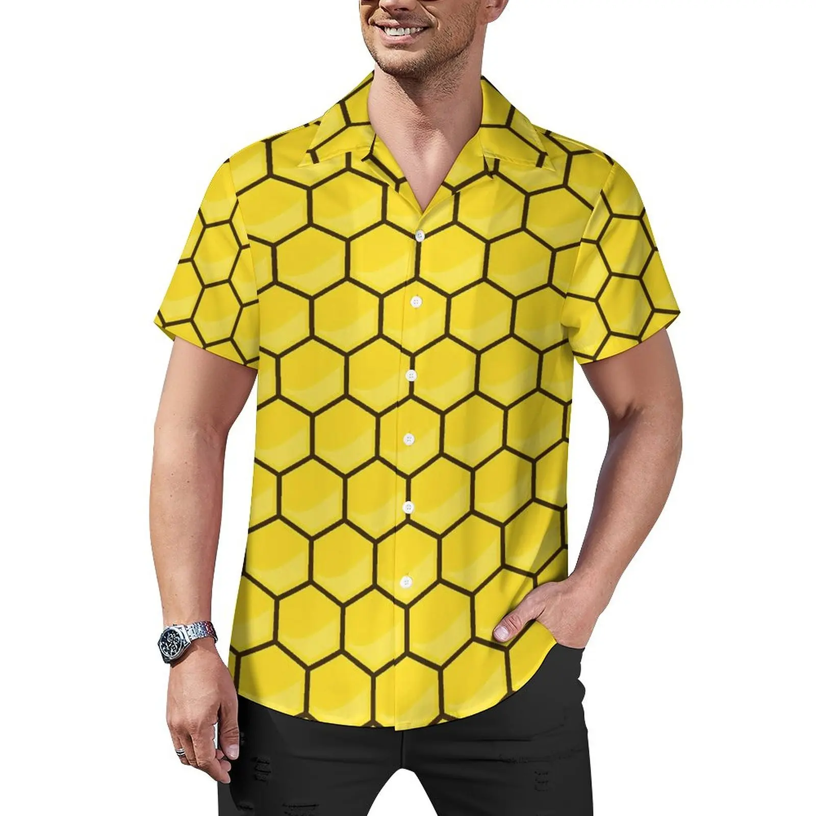 

Abstract Geometric Hawaiian Shirt Man Beach Yellow Bee Honeycomb Casual Shirts Short Sleeve Streetwear Elegant Oversized Blouses