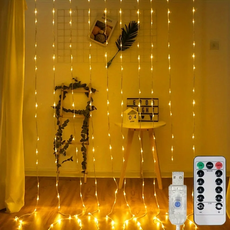 Wedding Christmas Decorations 1 Pack LED Curtain Lights with USB 8 Modes Remote Control,for Home,Wall,Window,Fairy Garden Party