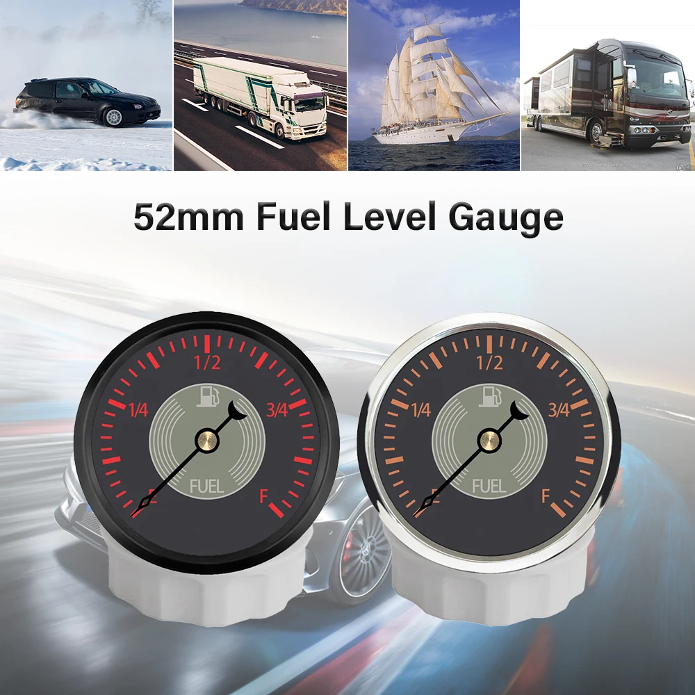 Rhaxel 52mm Fuel Level Meter 0-190ohm Signal Gauge with Yellow Red Backlight 12V 24V for Motorcycle Limousine Yachts