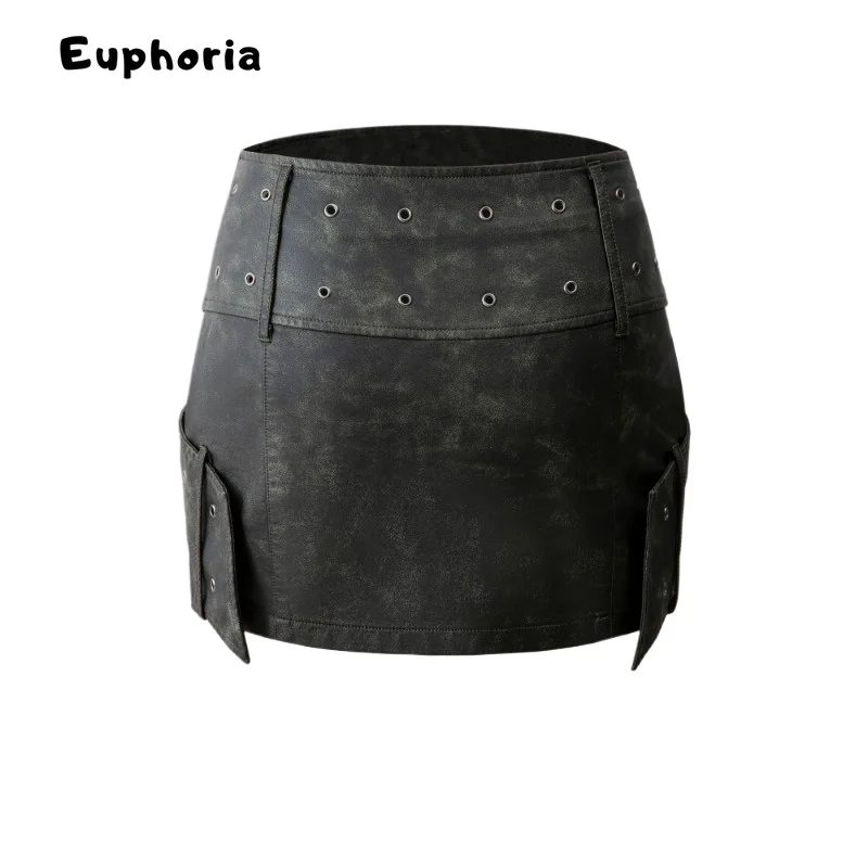 Euphoria Women Vintage Pu Faux Leather Mini Hip Wrap Skirt Gyaru Punk Design 2000s Aesthetic Y2k Nymphet Cyber Grunge 90s