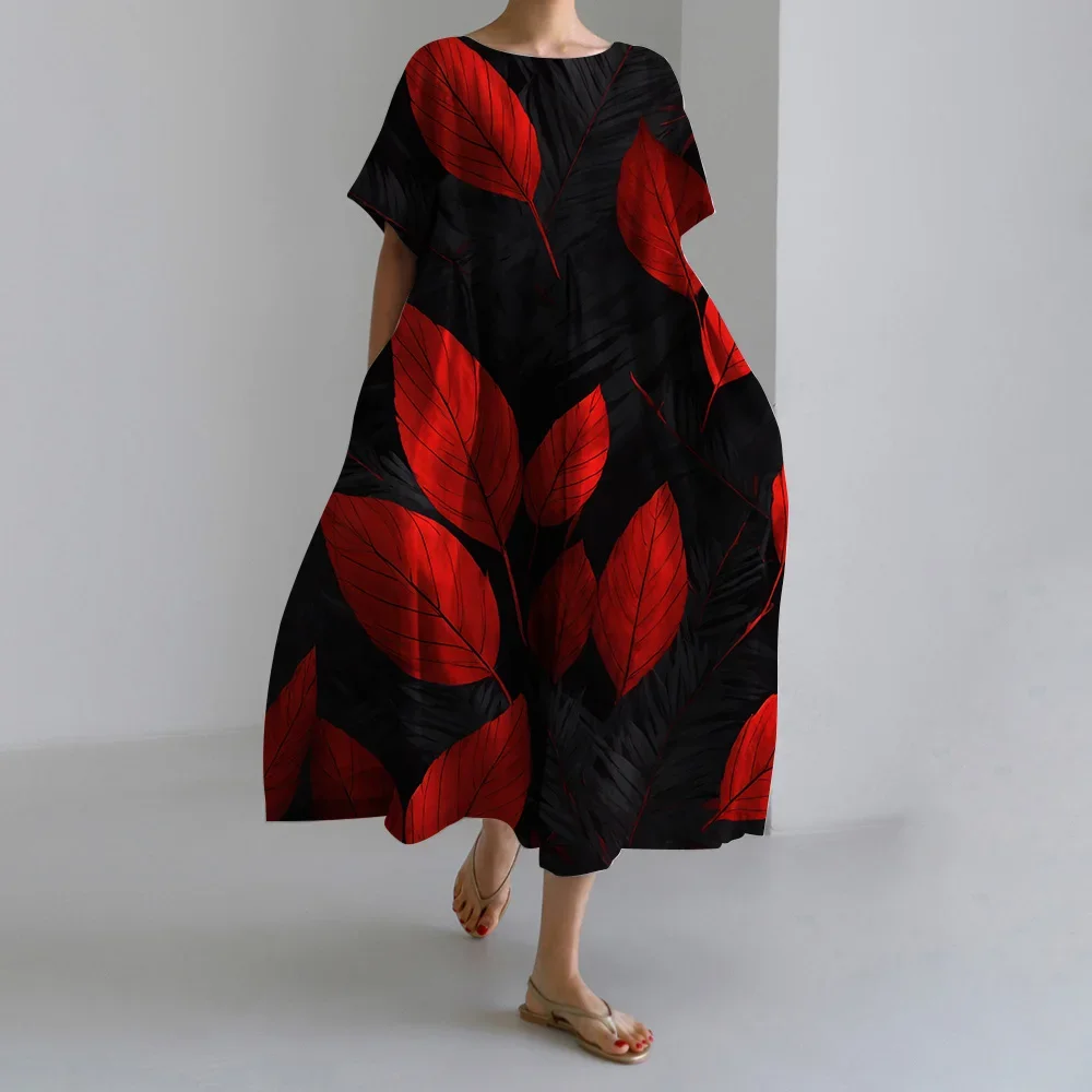 

Fashion Women's Green Leaf Printed Short Sleeve Dress 2026 Women's Round Neck Temperament Dress Casual Big Size Bohemian Dresses