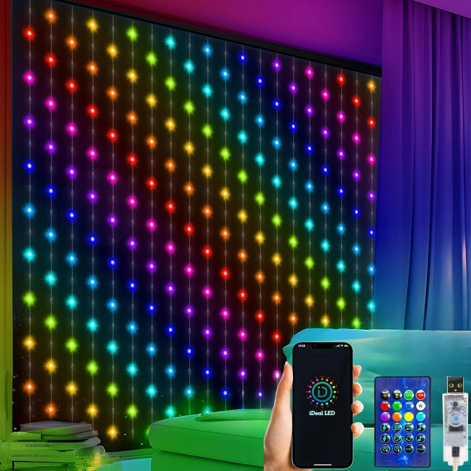 300LED Smart APP Curtain Lights Outdoor, RGBIC Color Changing Christmas String Lights with APP&Remote, IP65 Dynamic Curtain Fair