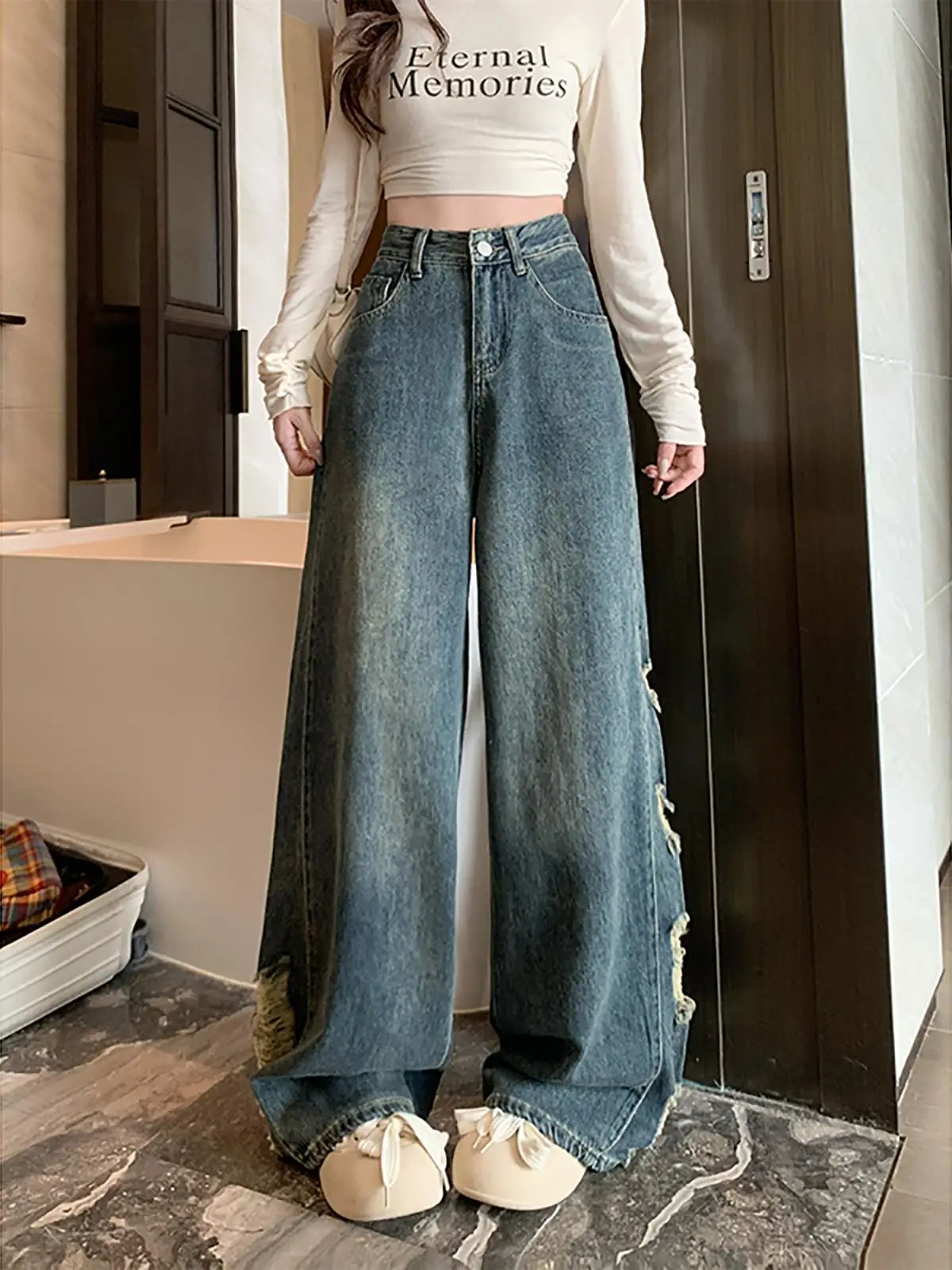 

High Waist Wide Leg Denim Jeans Women's High Street Style Retro Washed Loose Fit Pants Conceal Flattering Design Spring Autumn