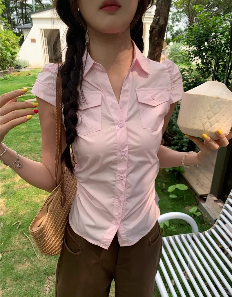 Femme rosa blusa fina camisas de verão moda feminina casual polo pescoço manga curta topo único breasted camisa y2k coquette