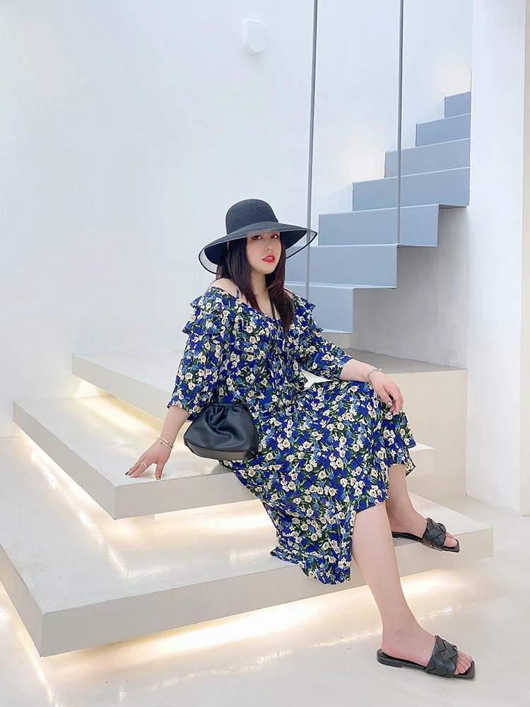 

Сексуальное платье большого размера с оригинальным цветочным принтом, кружевным воротником, открытыми плечами, в корейском стиле, свободного кроя, длинная юбка для женщин