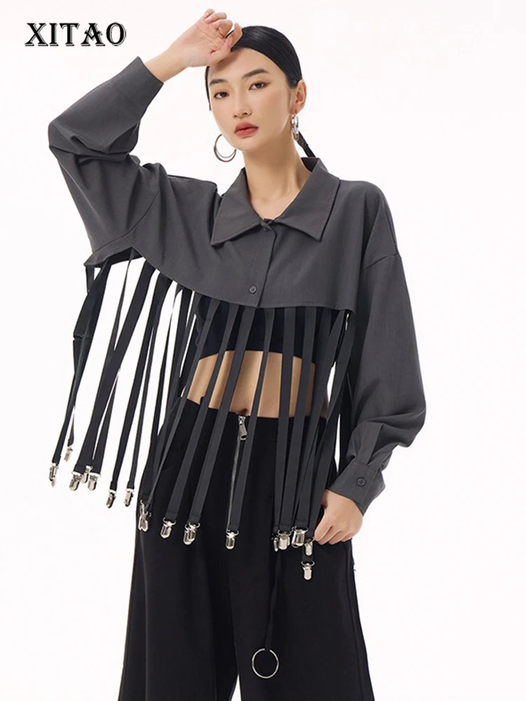 

XITAO Tassel Patchwork Metal Buckle Women Shirt Hollow Out Single Breasted Long Sleeve Fashion All Match Personality Top GMM1252