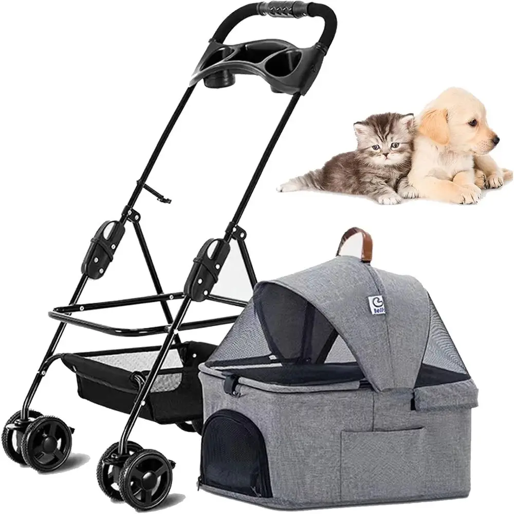 

3-in-1 Folding Pet Stroller with Removable Carrier, Storage Basket, and Rain Cover for Dogs and Cats