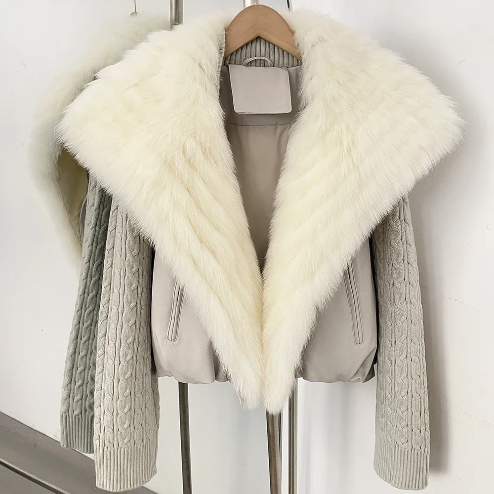 OFTBUY Wintermantel mit echtem Fuchspelzkragen, Damenjacke mit Reißverschluss, Daunenjacke, Damenjacke mit Strickärmeln, kurze Pufferjacke, dicke, warme Oberbekleidung. – Detail 5