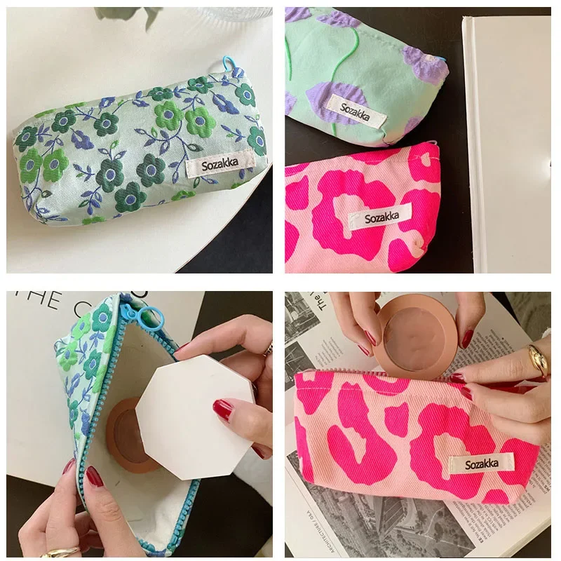 Bolsas de maquillaje con cremallera, lápices labiales, bolsa para brochas de maquillaje, bolsa de cosméticos con estampado de flores 3D, estuche de