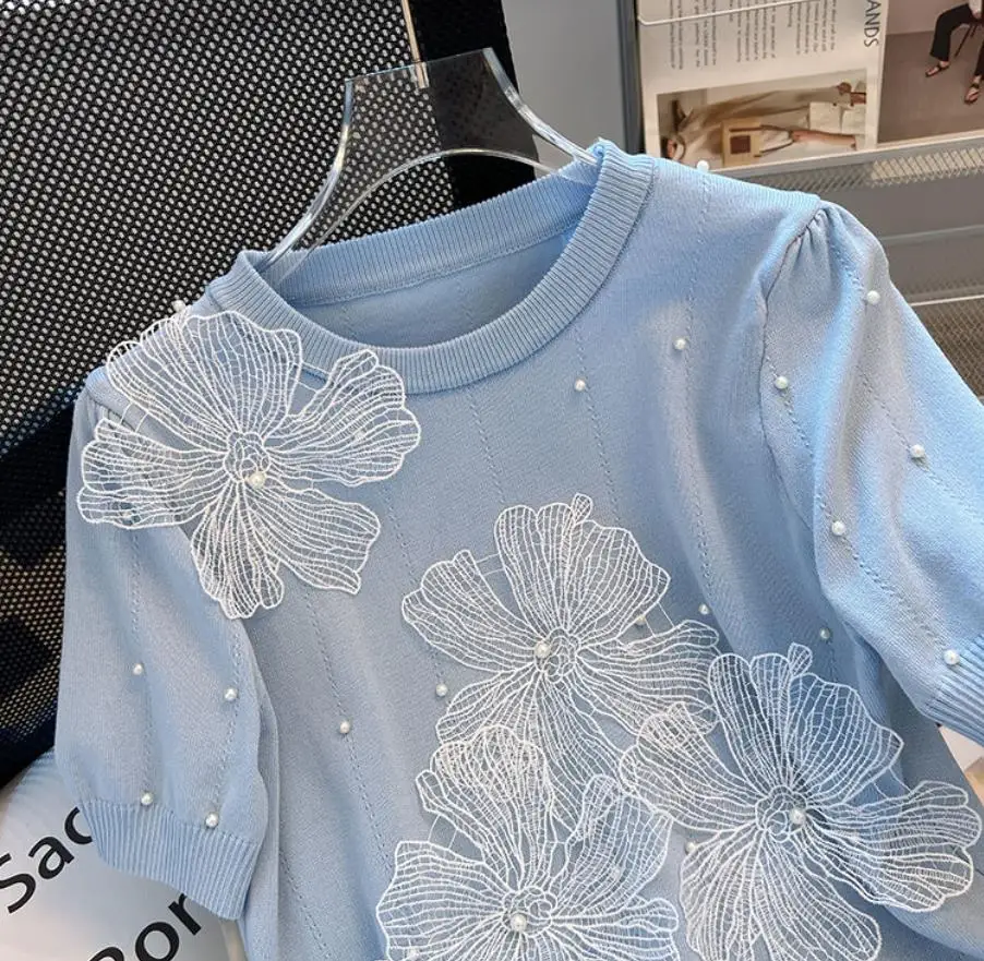 Suéter de manga corta con flores de encaje francés para mujer, blusa impresionante azul, camisa elegante holgada dulce de verano 2024