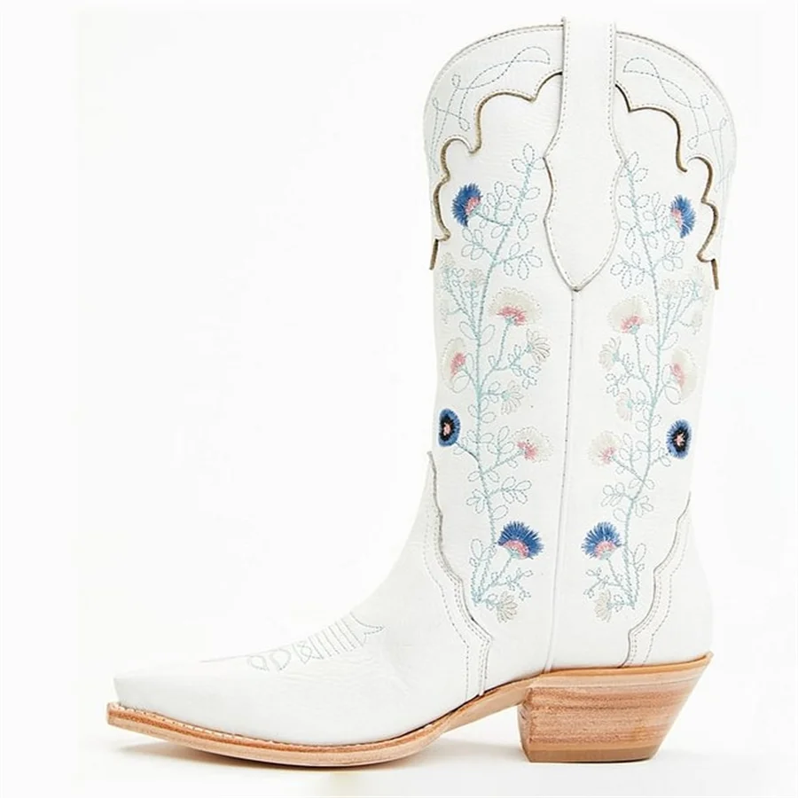 

White Snip Toe Fleur Chunky Heel Mid-Calf Cowgirl Boots