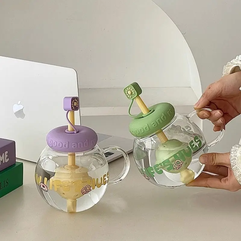 

1100ml Glass Straw Cup Cartoon Cute Heat-resistant Cup with Handle Tea Separation Filter Cups Office Household Water Cups