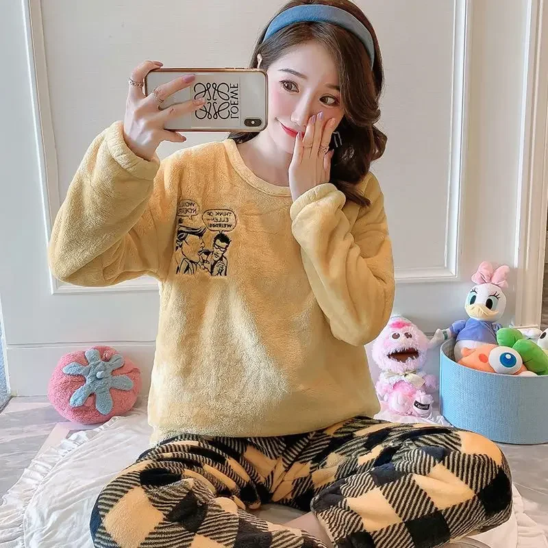 Coral Fleece Pajama Sets Women Winter Warm Sleepwear Long Sleeve Trouser Pajamas Flannel Thick Loungewear Korean Kawaii Clothes