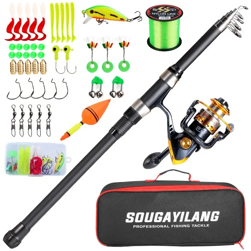

Sougayilang 1.8m Fishing Pole Full Kits with Telescopic Fishing Rod and Spinning Reel Baits Hooks Set with 500m Fishing Line