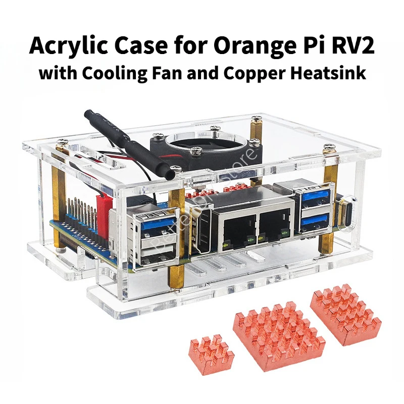 Acrylic Case for Orange Pi RV2, Transparent Shell with Cooling Fan and Copper Heatsink