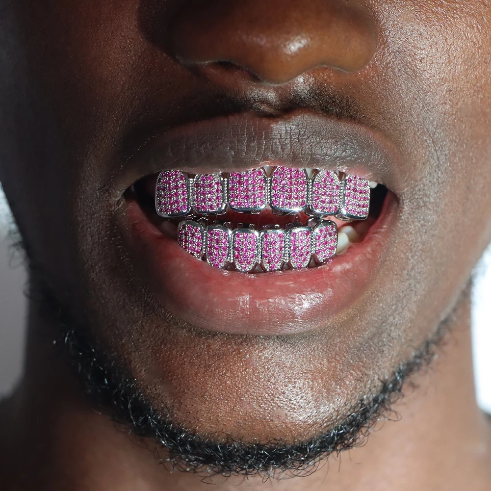 Iced Out Pink Zircon Teeth Grillz For Men Women Top Bottom Micro Pave CZ Stone Teeth Grills Set Dental Fashion Jewelry With Box