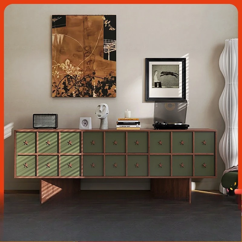 Medieval style small apartment TV cabinet, retro floor-to-ceiling TV cabinet, integrated storage against the wall