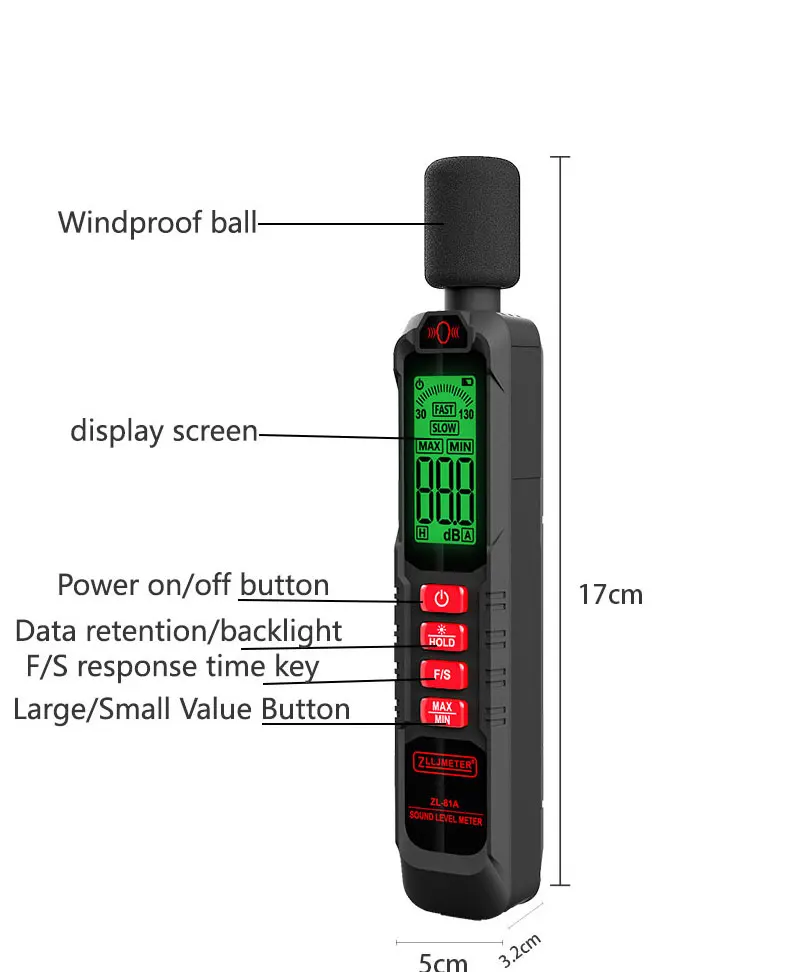 Digitaler Geräuschmesser, Schallpegelmesser, tragbares DB-Messgerät, A-gewichtet, 30–130 dB, Audiomessgerät, Dezibel-Monitor – Detail 10