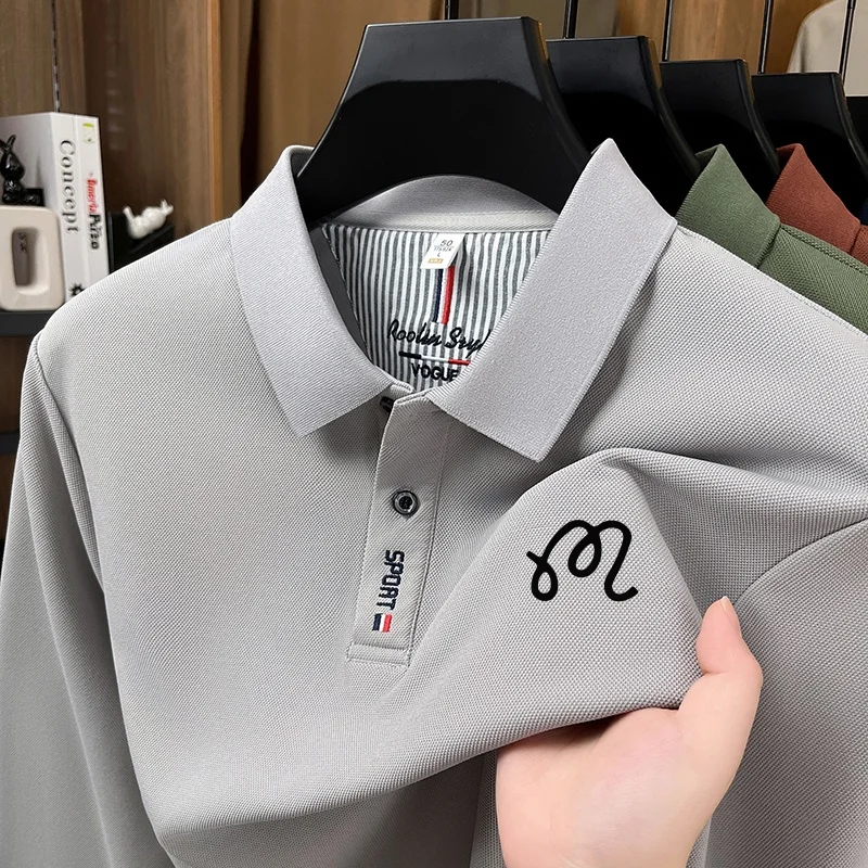 Frühling Herbst Herren Neues Original Mode-Print Polo-Shirt Knitterfreies Einfarbiges Langarm-T-Shirt Vielseitige Herrenbekleidung – Detail 2