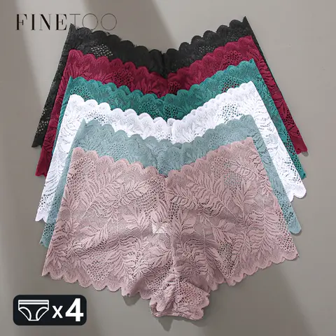 FINETOO 4pcs 레이스 꽃 Boyshorts 속옷 여성을위한 섹시 할로우 솔리드 팬티 여성 로우 허리 통기성 소녀 란제리