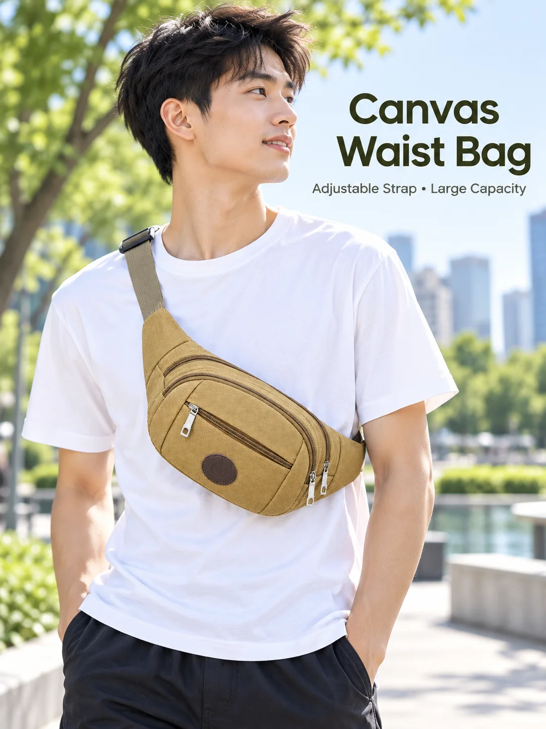 Men's Canvas Waist Bag Multi Pocket Large Capacity Fanny Pack Casual Outdoor Travel Chest Bag Adjustable Belt Pouch