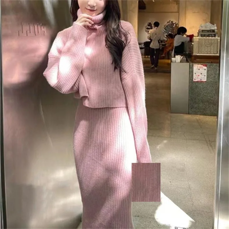 2026 Autumn Winter New Women's Lazy‑Style Turtleneck Sweater, Age‑reducing Slim Two‑piece Set, Thick Pullover Knit Dress Outfit
