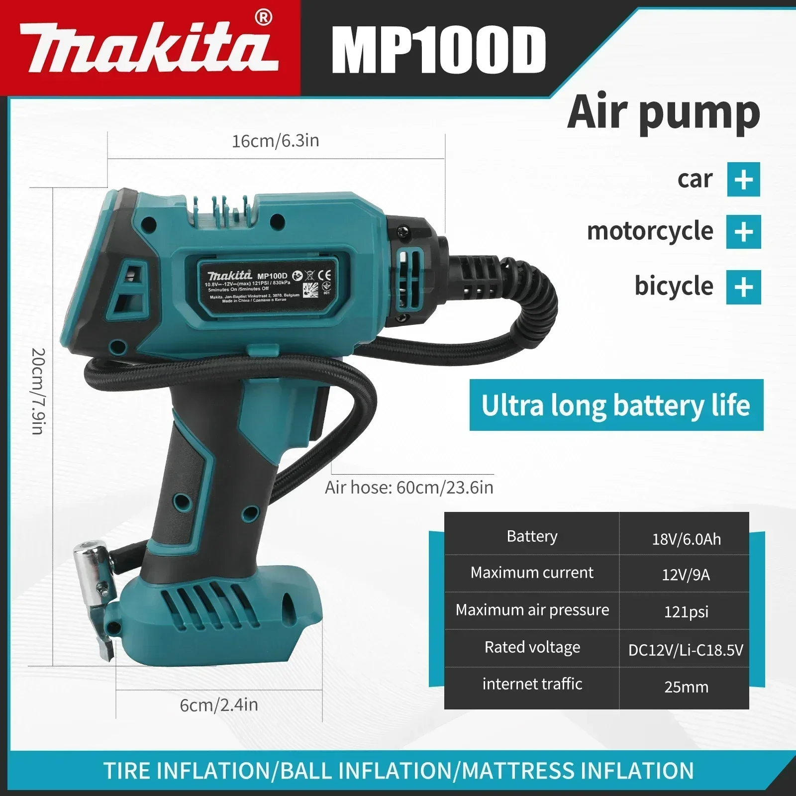 

Автоматический беспроводной накачиватель Makita DYS60: электрический воздушный насос, ручной воздушный компрессор для автомобильных шин, совместимый с аккумулятором Makita 18 В