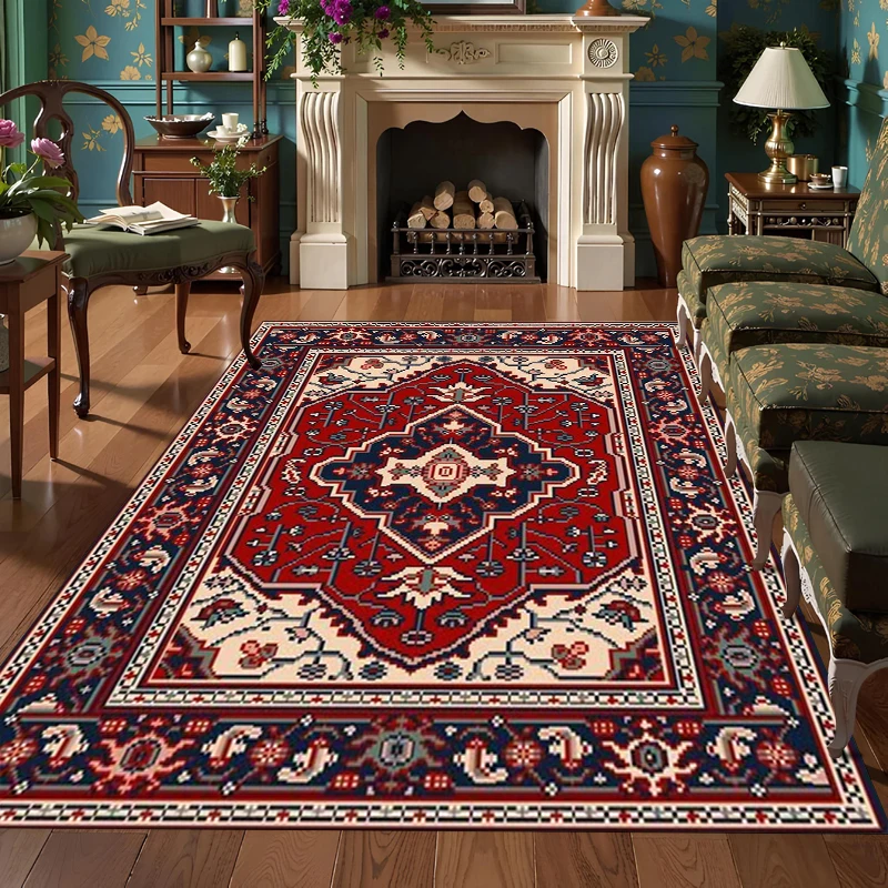 Traditional Oriental Carpet Flooring Retro Red Badge Ethnic Pattern Living Room Bedroom Entrance Door Indoor Home Decoration Mat