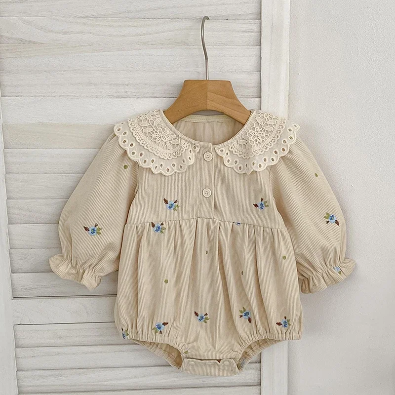 

Модная одежда для малышей, вельветовый осенний комбинезон для новорожденных девочек, новая детская одежда, комбинезон с вышивкой и лацканами, детский цельный комбинезон