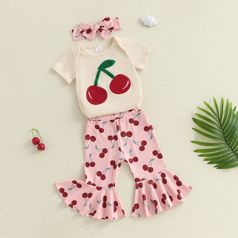 Completi estivi per bambina da 0-18 mesi, pagliaccetto a maniche corte con pantaloni svasati con motivo ciliegia/fragola e fascia per capelli con fiocco, set da 3 pezzi