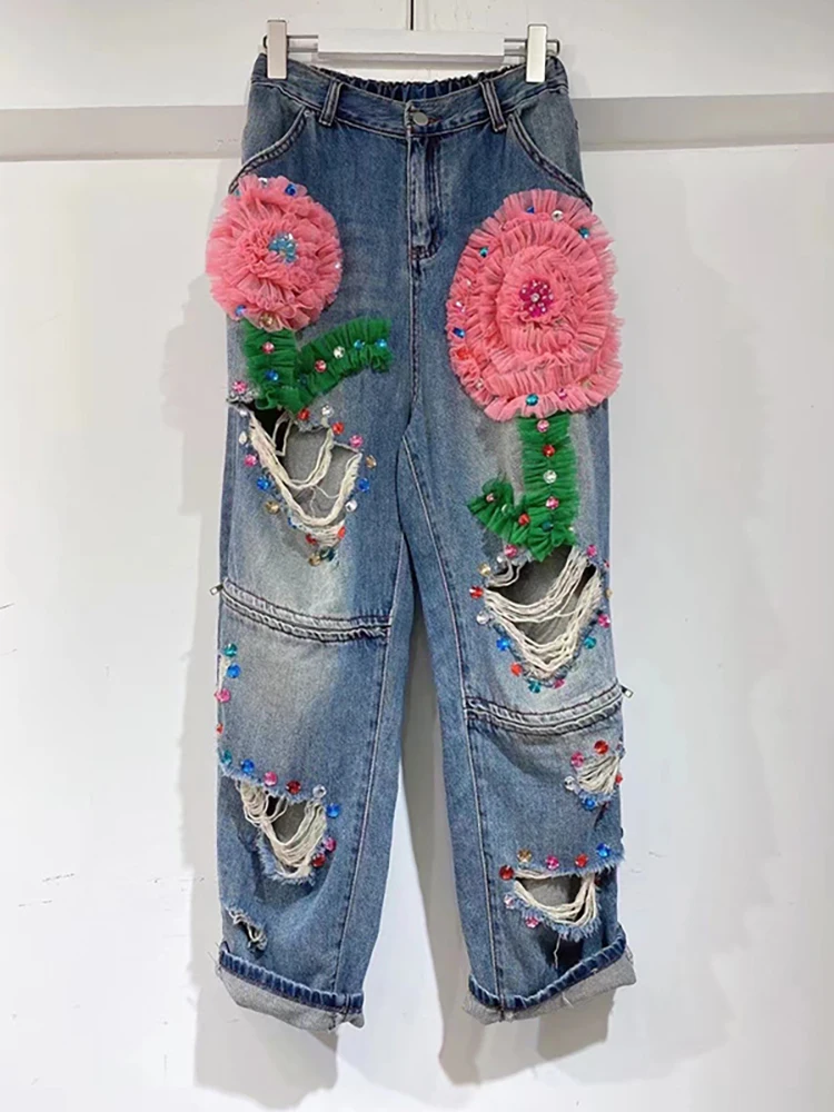 DEAT Women\'s Jeans High Waist Straight Embroidered Flares Hollow Out 3d Pleated Lace Flowers Denim Pants 2024 Autumn New Fashion