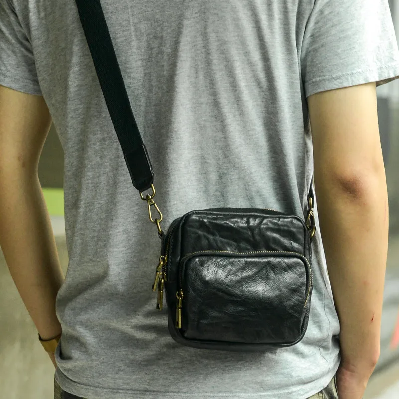 

Simple casual natural genuine leather men's small shoulder bag teens weekend daily soft real cowhide light phone messenger bags