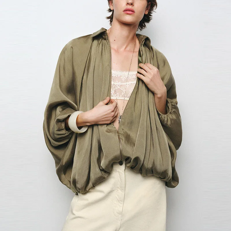 Z 2025 Lente Faionable Veelzijdige Piloten Puffy Jaet Dames Bovenkleding Lang Sve Gestreept Polyester Casual irt