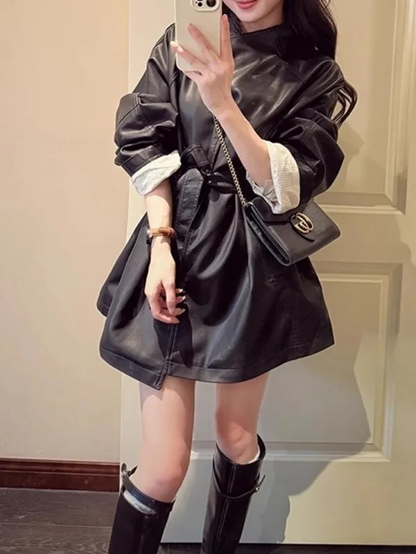 

Женская кожаная куртка больших размеров с приталенным силуэтом, осенне-зимняя, свободная, средней длины, ветровка в корейском стиле, с длинными рукавами