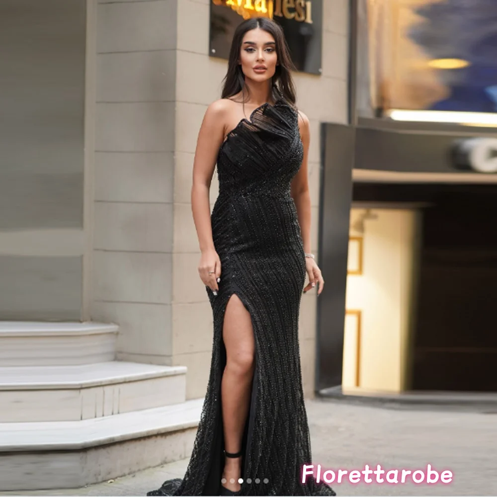 

Customized Luxurious One Shoulder Black Evening Dress Shiny Beads Mermaid Sexy High Slit Party Gowns Women Prom Dress Vestidos