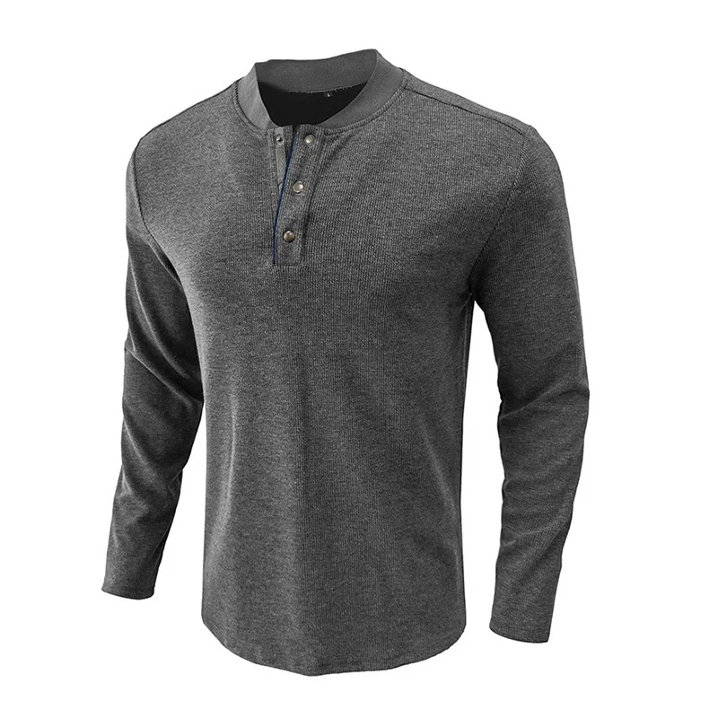 Henry Collar Spring Autumn Long Sleeve T Shirt Men Casual Solid Color For Bottoming US Size S-XXL ops ees