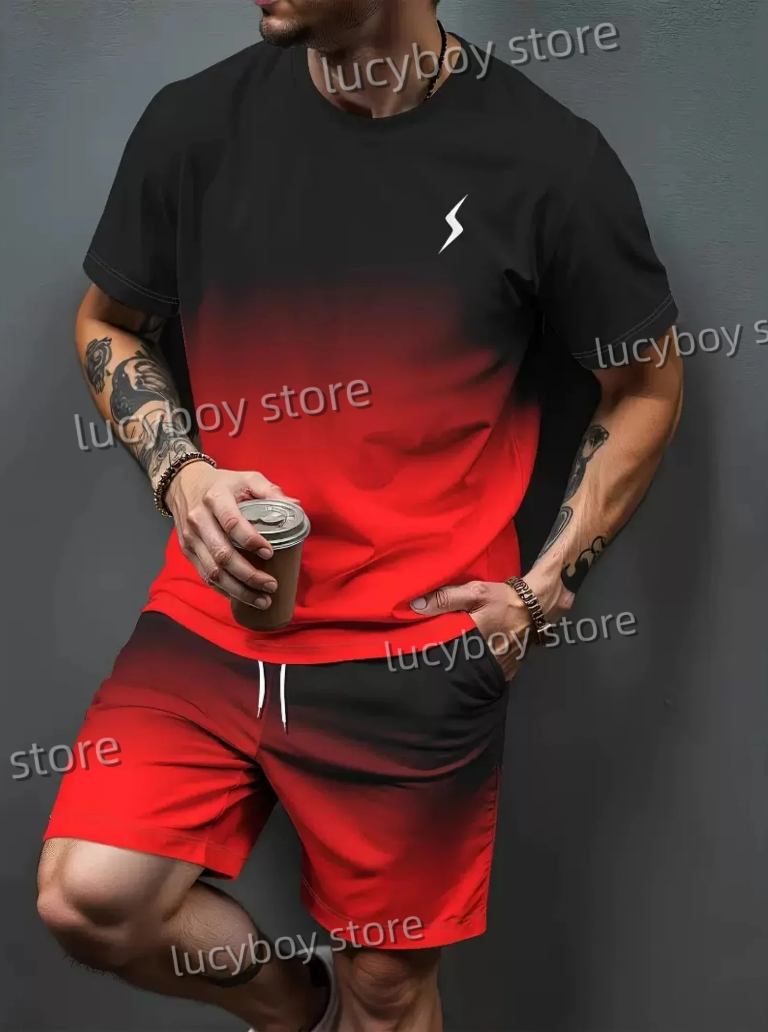 

Summer men's lightweight casual sports tracksuit two-piece set gradient color White lightning print sports T-shirt shorts set