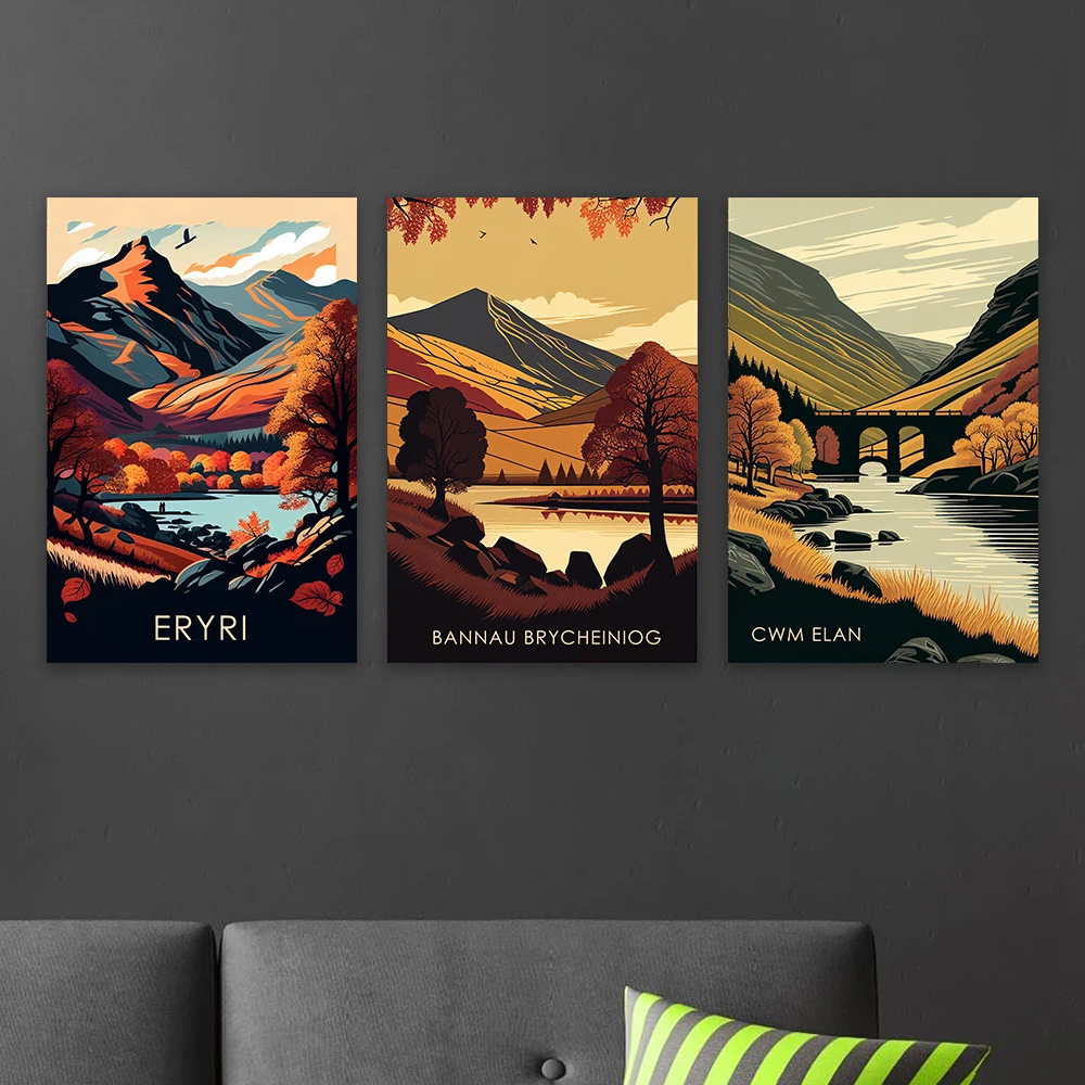 Welsh Locations in Autumn Travel Poster Bannau Brycheiniog Cwm Elan Eryri Landscape Canvas Paintings Wall Art Bedrooom Decor