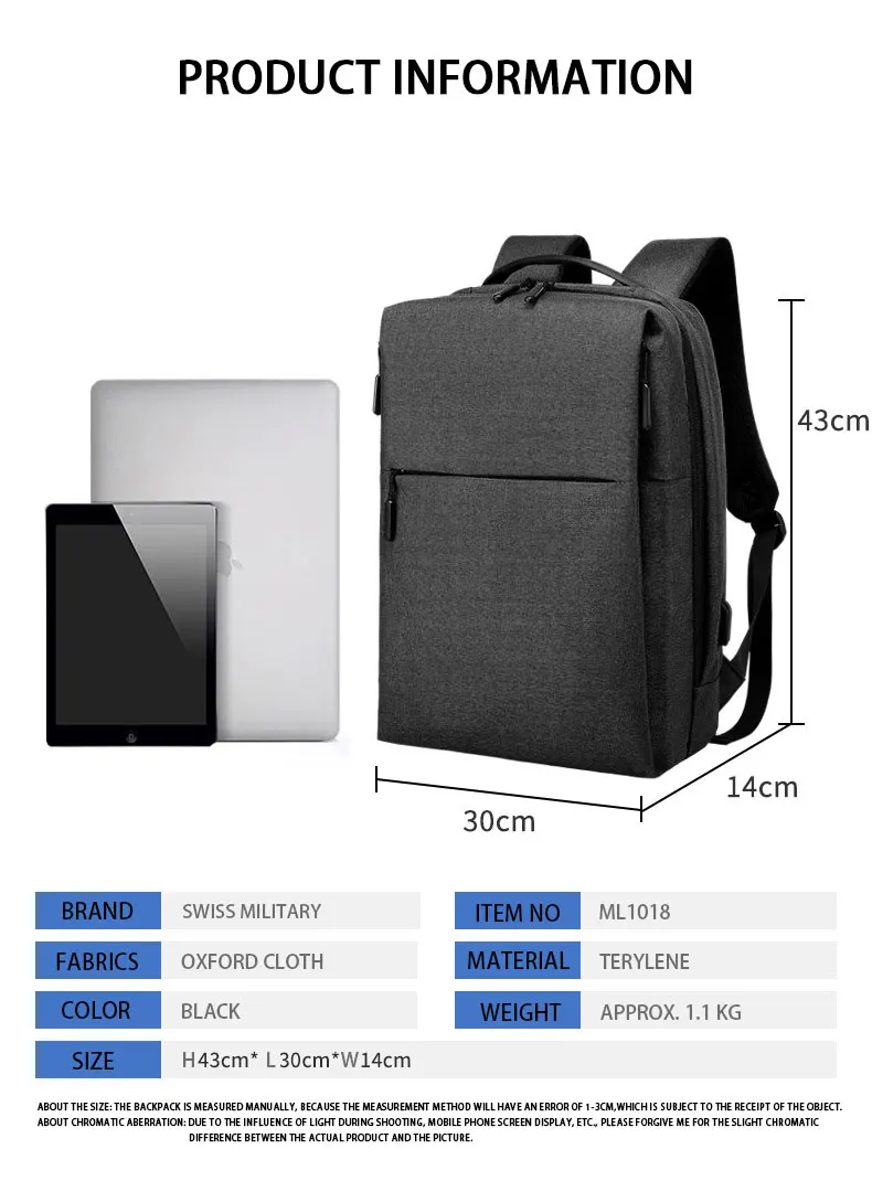 SWISS MILITARY Travel Backpack Men Business Backpack School Expandable USB Bag Large Capacity 15 Laptop Waterproof Backpack