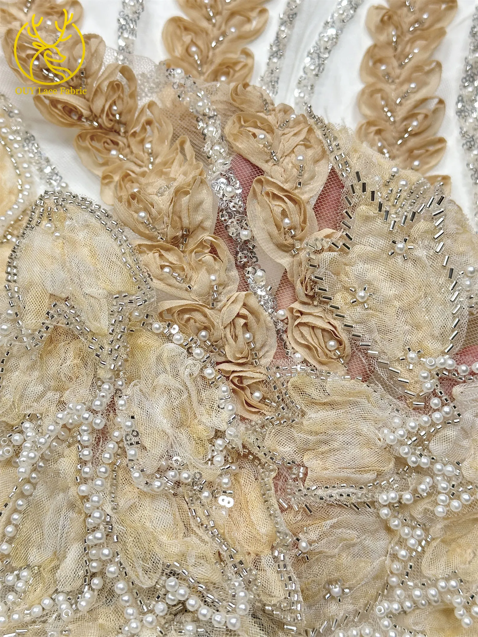 Französischer Luxus 3D-bestickter Perlen-Spitzenstoff, 5 Yards, eleganter afrikanischer nigerianischer Pailletten-Spitzenstoff für Damen, Hochzeits- und Partykleid – Detail 7