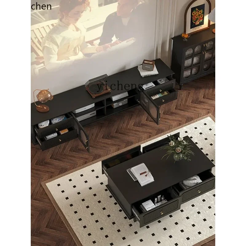 DSA  Solid Wood TV Cabinet Modern Black Coffee Table TV Stand Combination