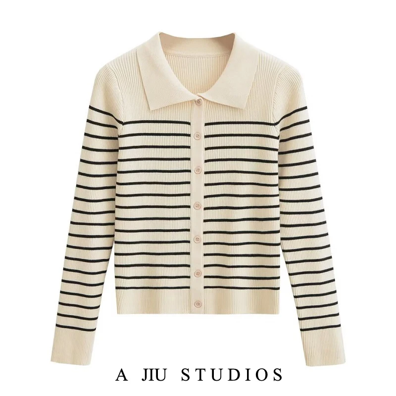 

Tian Xiwai Collar Striped Button Knitted Sweater Women's Slim Long Sve Base irt Thin Winter Outerwear Top
