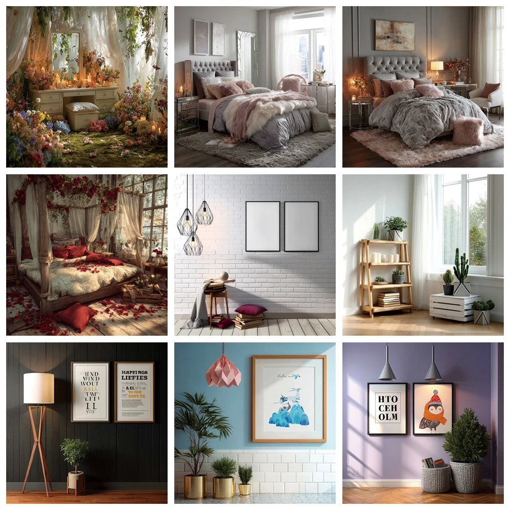 

MOON.QG Living Room Backdrops For Photography Flowers Brick Wall Bed Photo Background Birthday Decorations Photo Studio Baby
