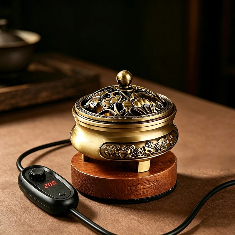 Electronic Incense Burner Bronze Essential Oil Burner with Digital Display Adjustable Temp Timer Bakhoor Burner for Resin Powder