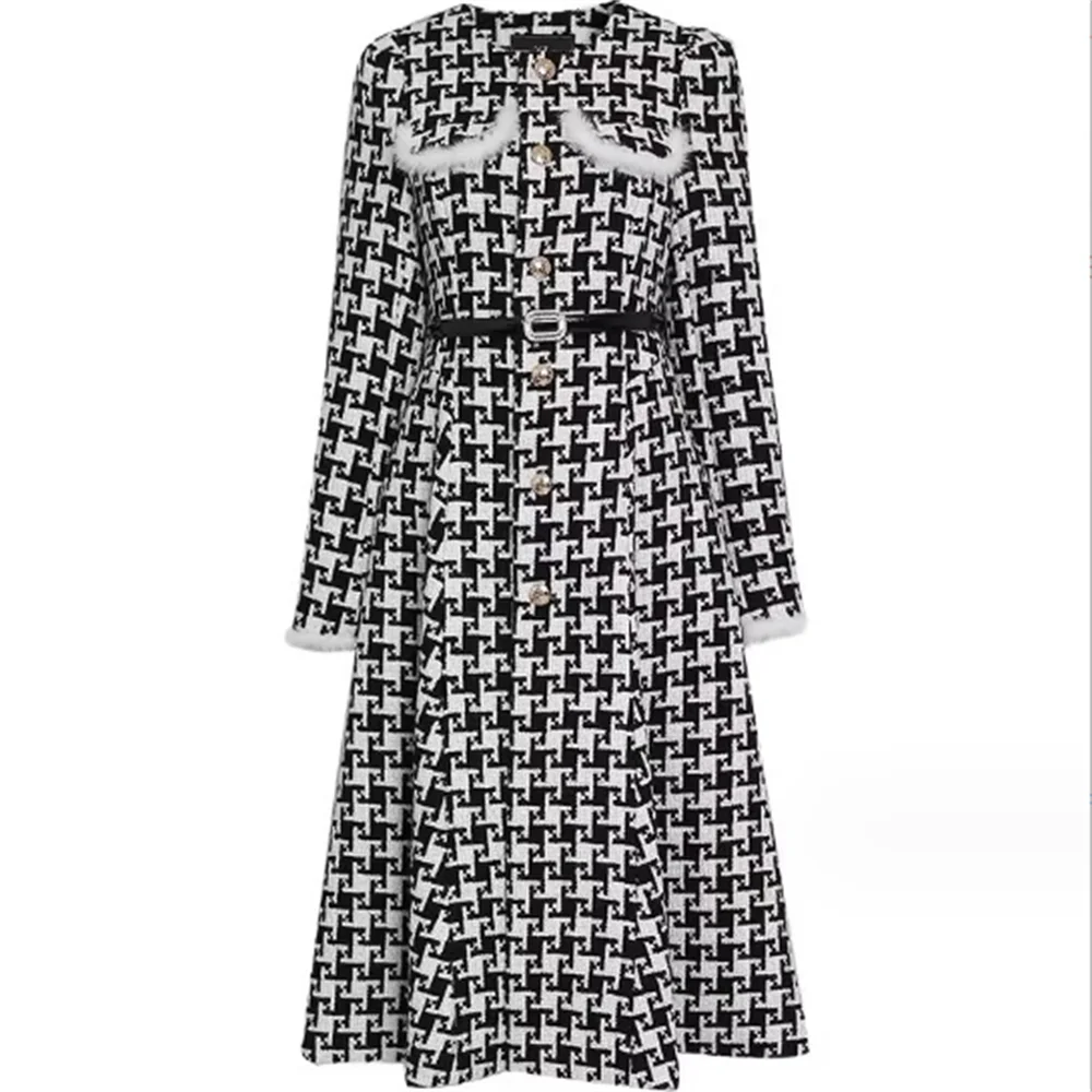 autumn and winter new thousand plaid woolen coat slim waist tweed coat