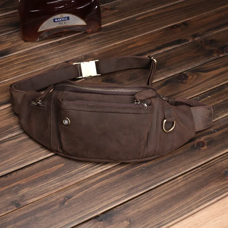 Saco de peito diagonal de couro cavalo louco masculino Camada Baotou, couro de couro celular Fanny Pack, grande capacidade, esportes, homens