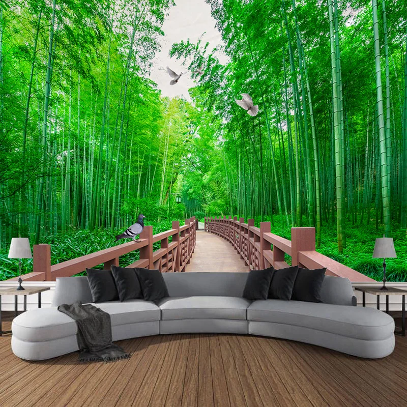 Art Curtain Hanging Cloth Home Bedroom Living Room Decoration Green Bamboo House Bridge Landscape Wall Tapestry