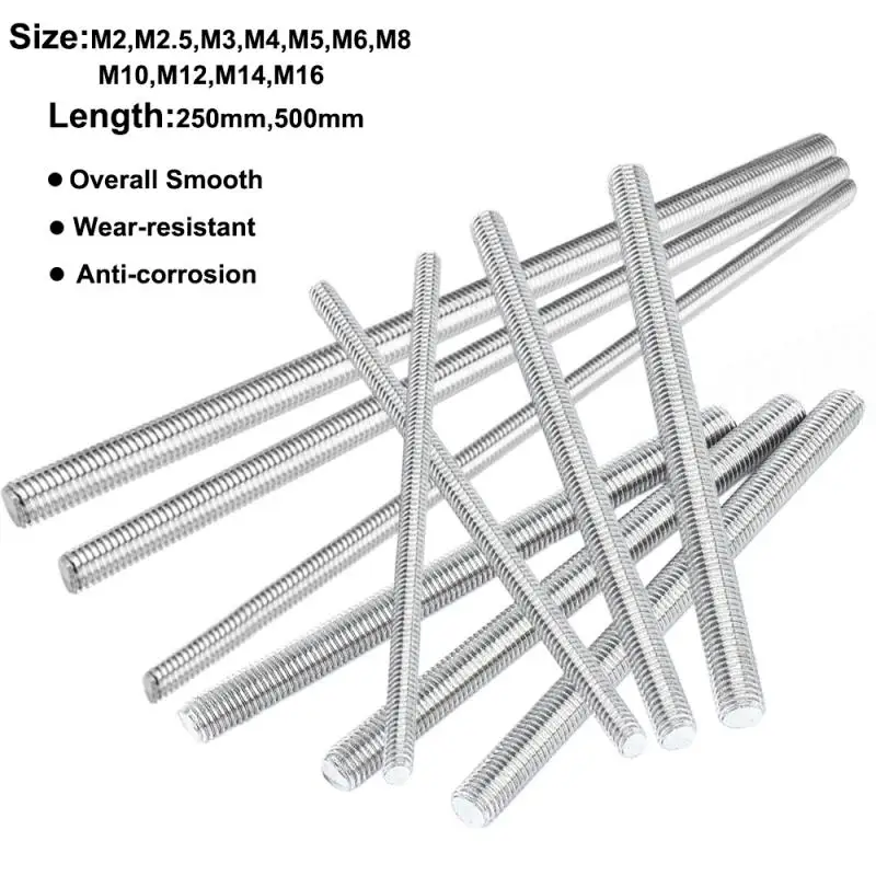 304 Stainless Steel Threaded Rod M2-M20, 250mm/500mm Length, All Thread Stud Bar 1pcs